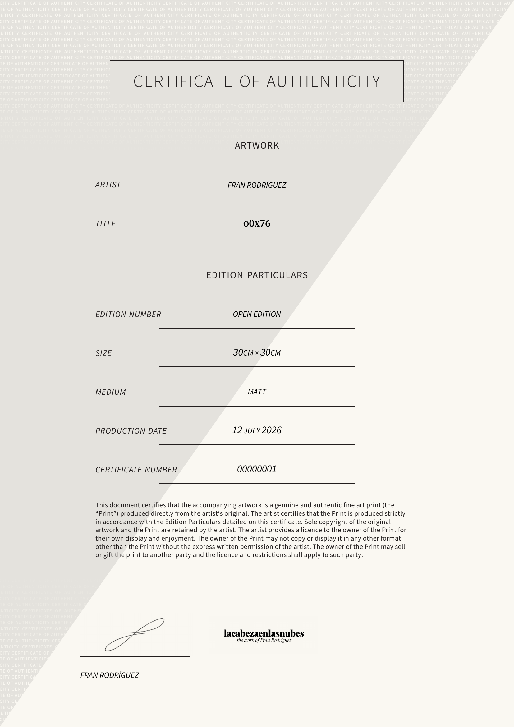 o0x76 — Certificate of Authenticity