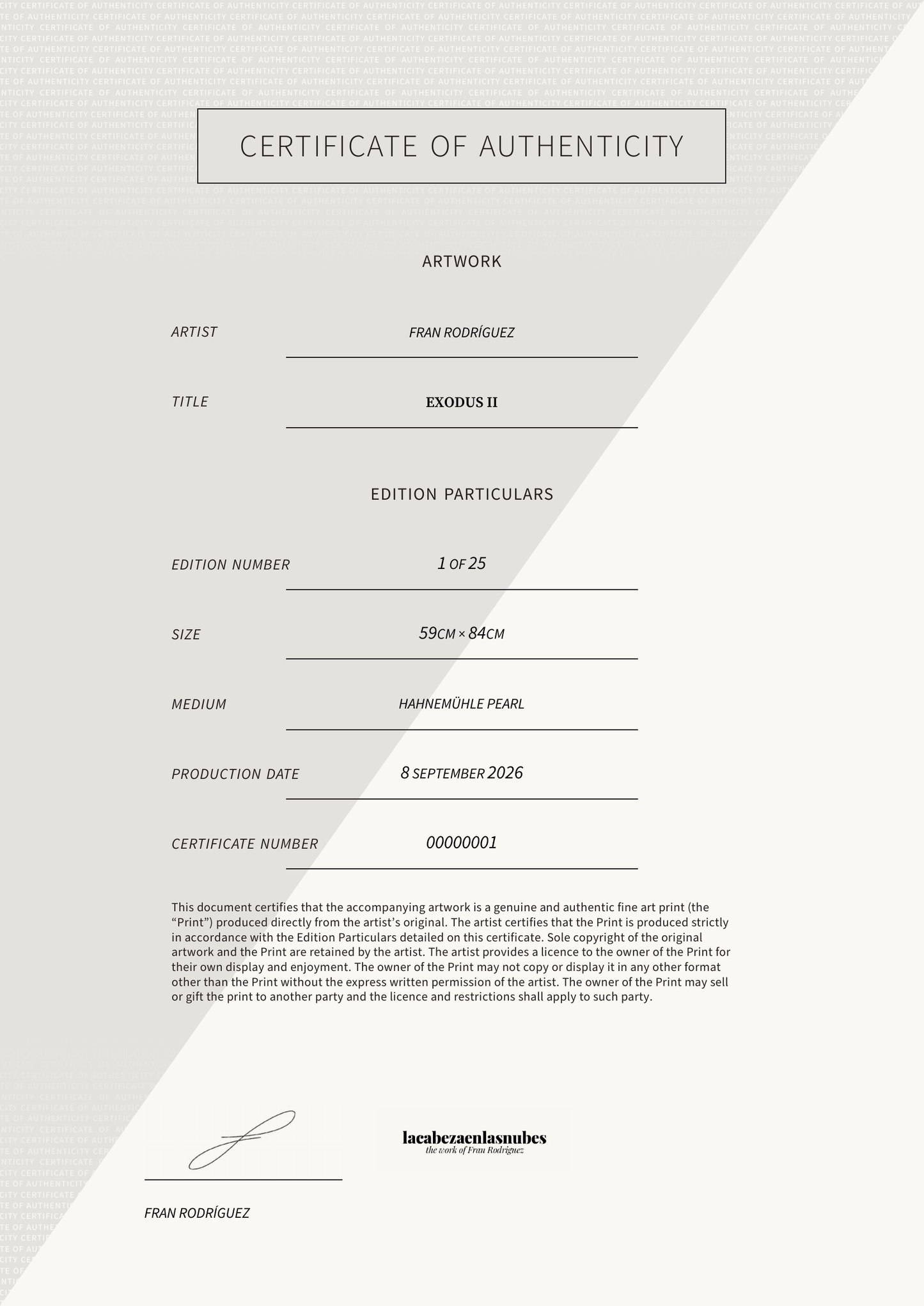 EXODUS II — Certificate of Authenticity